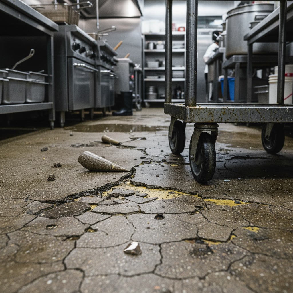 Commercial kitchen epoxy flooring with antimicrobial coating in food processing facility