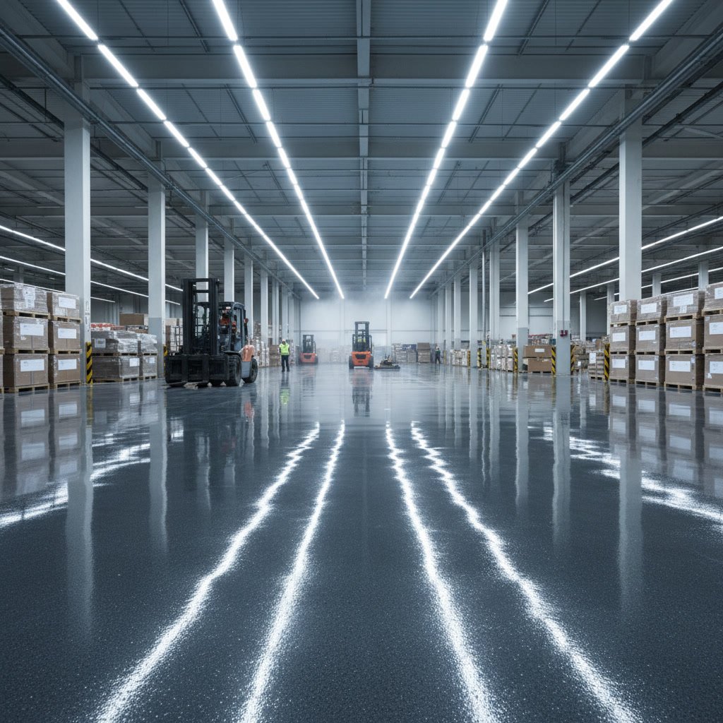 Industrial epoxy floor coating application in warehouse facility