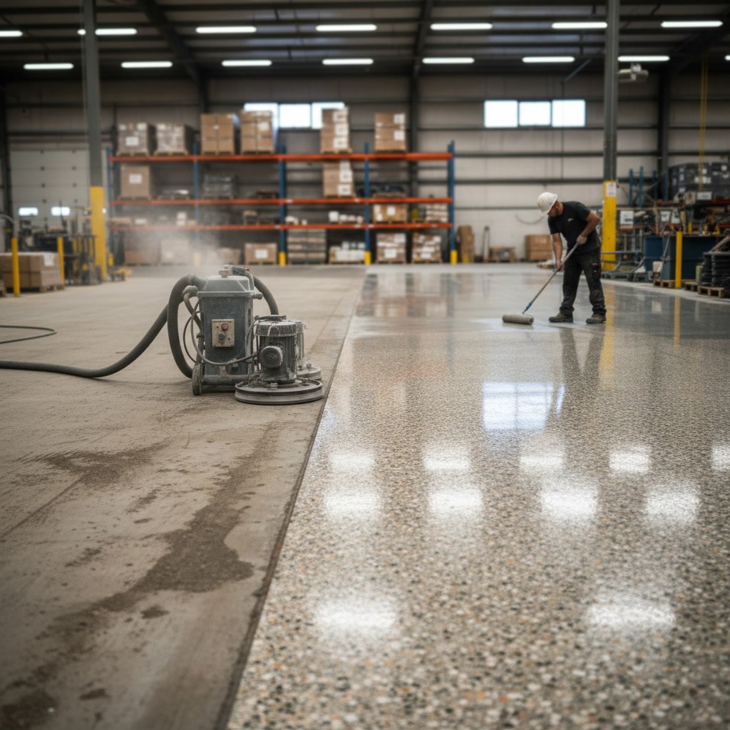 warehouse floor showing grind and seal finish with natural concrete appearance