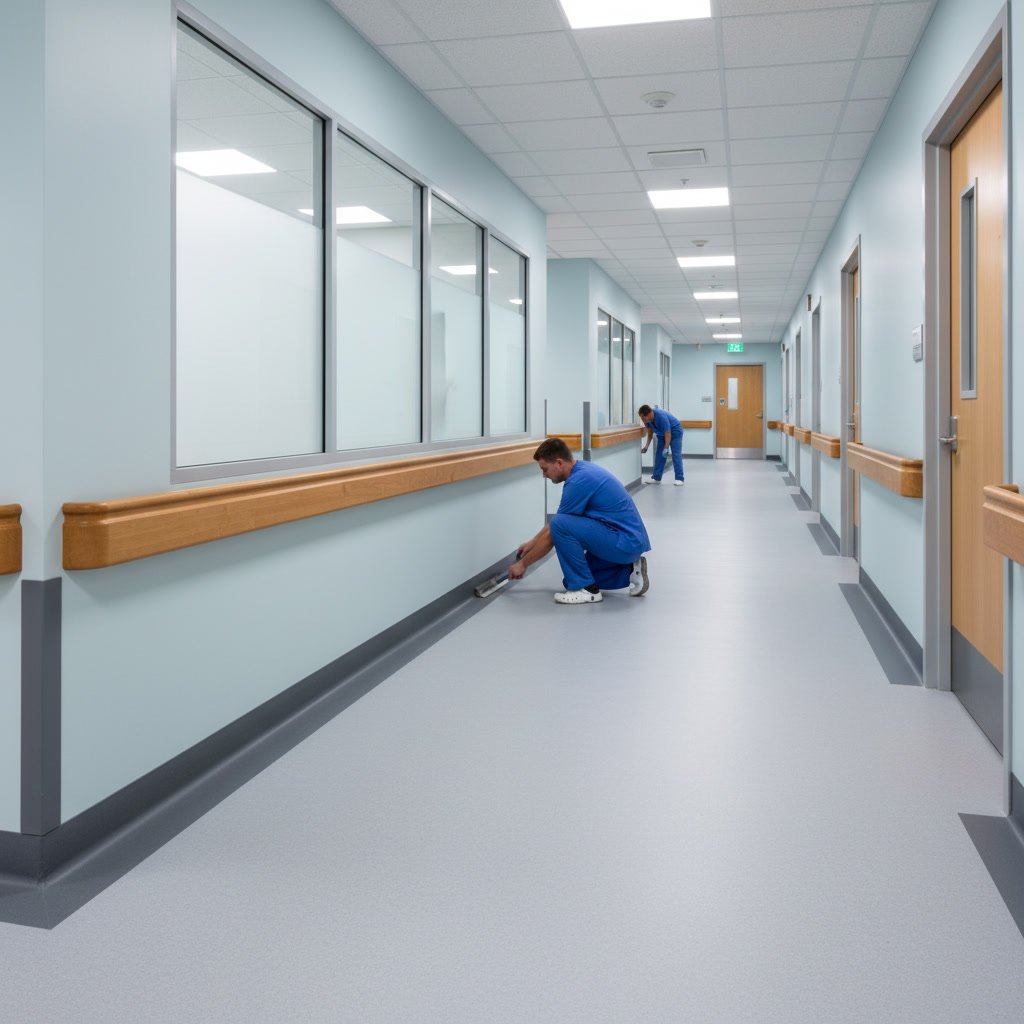 Epoxy cove base installation in commercial hospital restroom showing seamless wall-to-floor transition