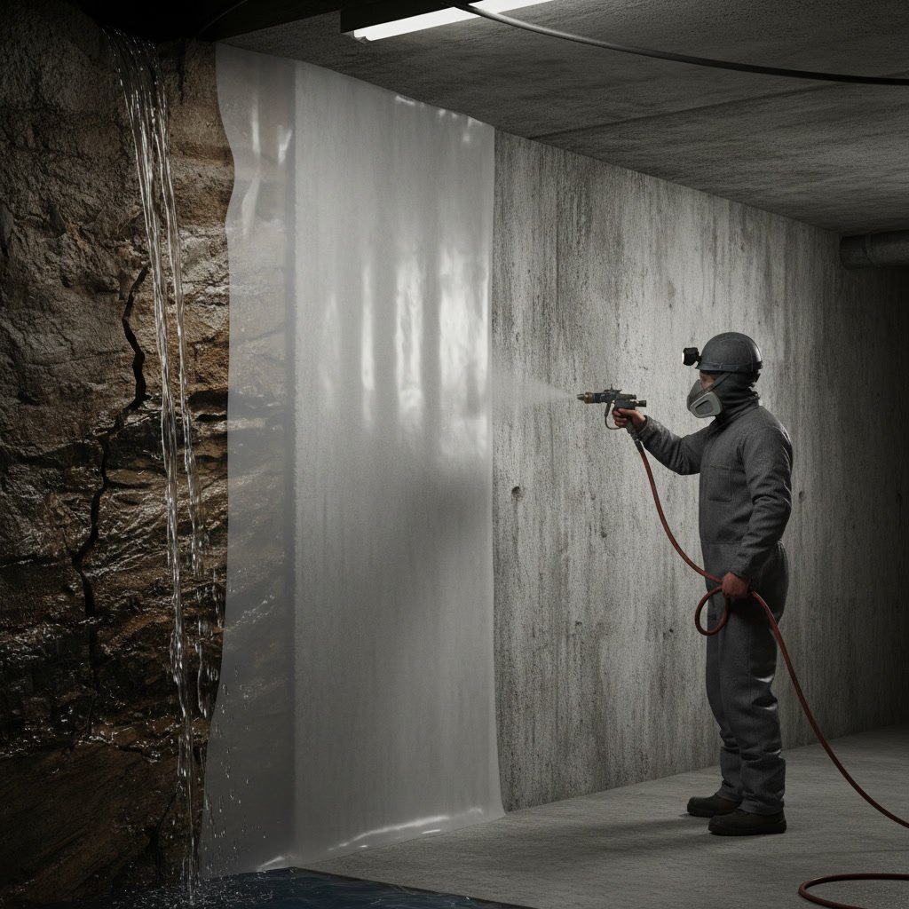 Polyurea coating waterproofing application on Manhattan basement floor