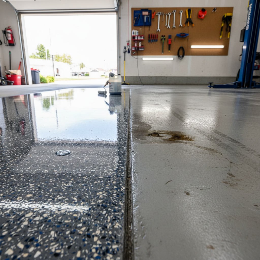Polyaspartic floor coating installed on New Jersey residential garage floor