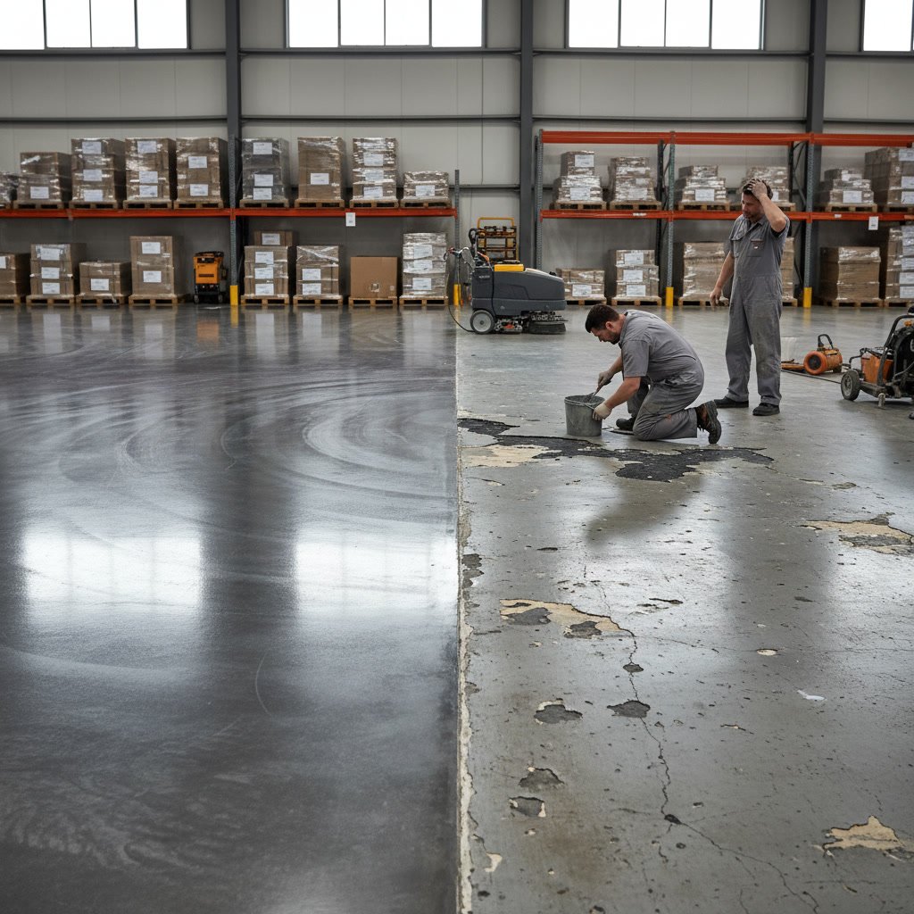 epoxy coated warehouse floor showing chemical resistance and durability in industrial setting