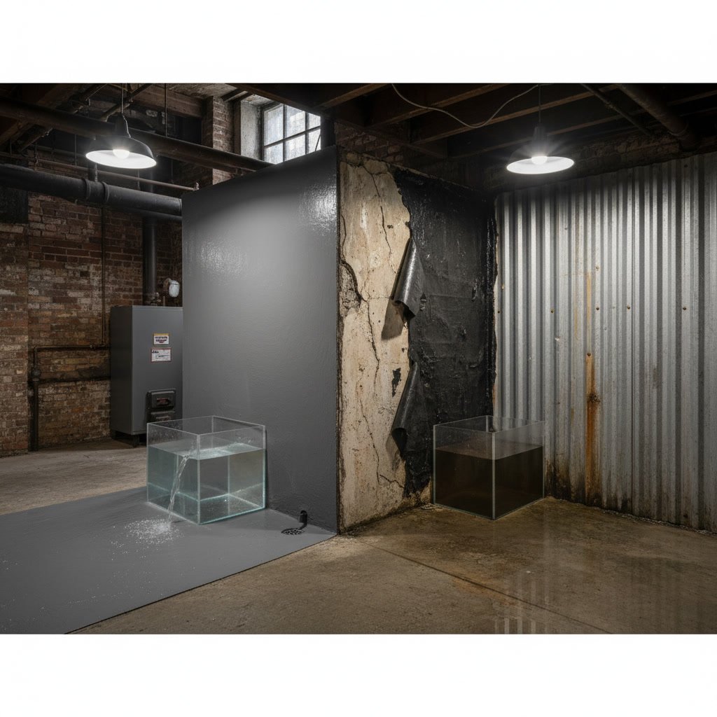 Waterproofed Manhattan basement with polyurea coating protecting concrete surfaces