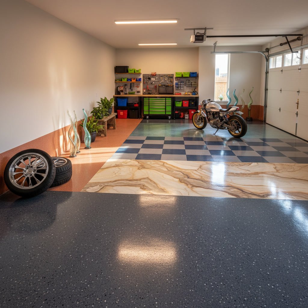 Polyaspartic garage floor coating with decorative flakes in New Jersey home