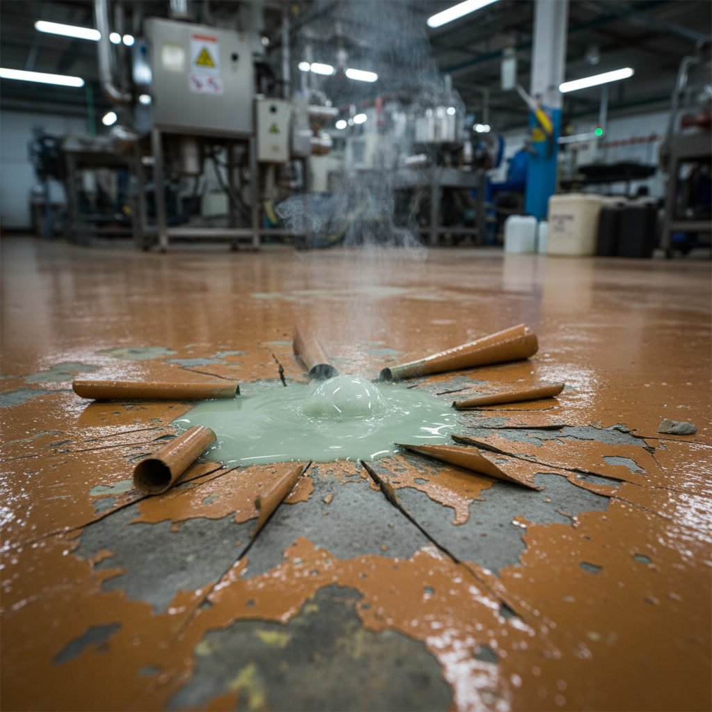 close-up of intact epoxy floor coating in industrial facility showing chemical resistance