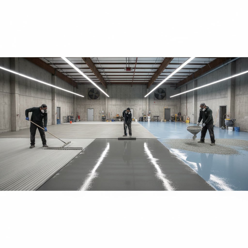 Epoxy base coat application with professional installation tools