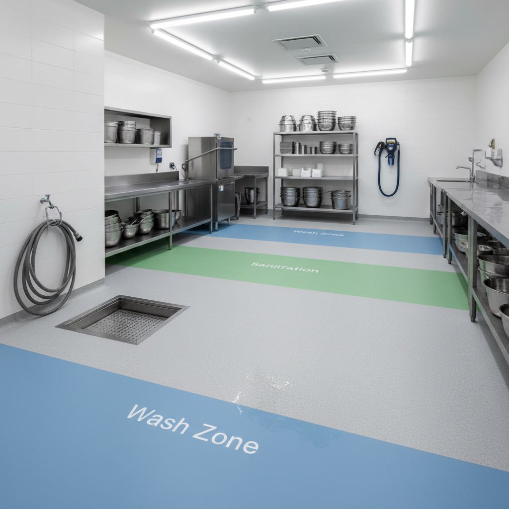Commercial kitchen epoxy with cove base installation for seamless sanitary surface