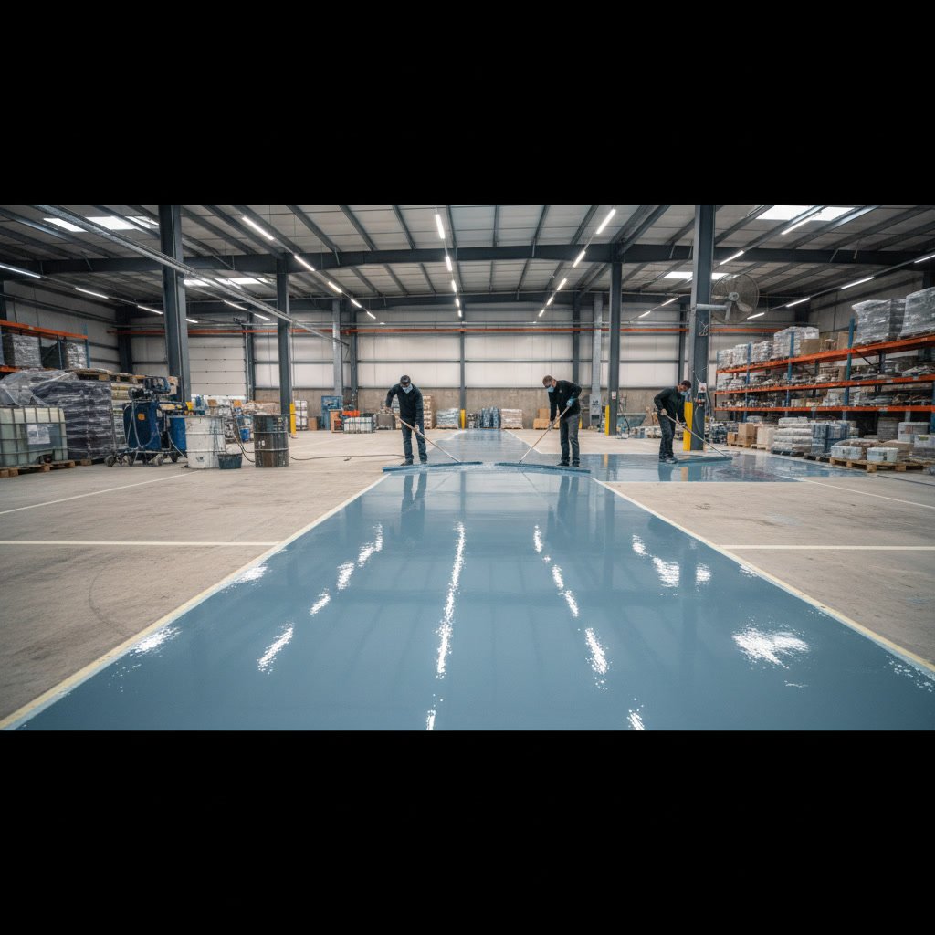 Metallic epoxy floor coating in industrial commercial space