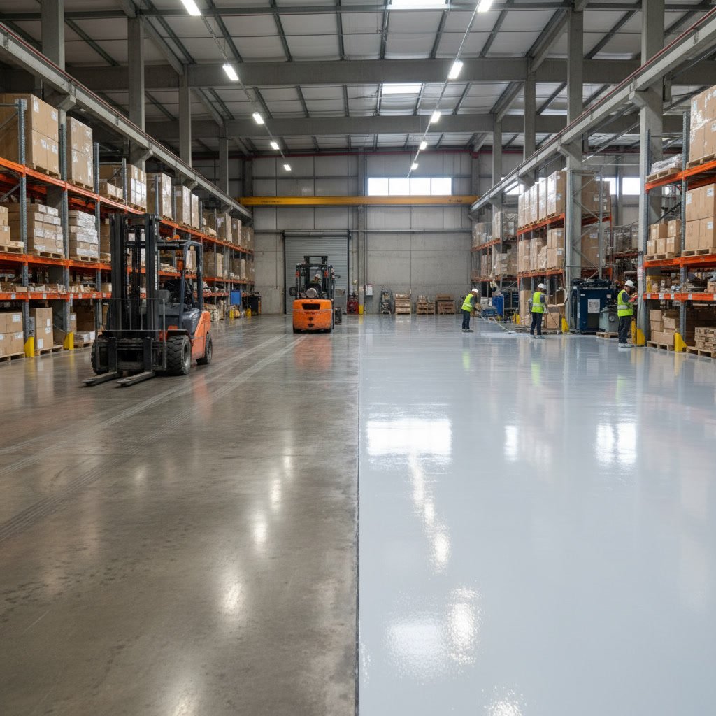 side by side comparison of grind and seal versus epoxy coated warehouse floors