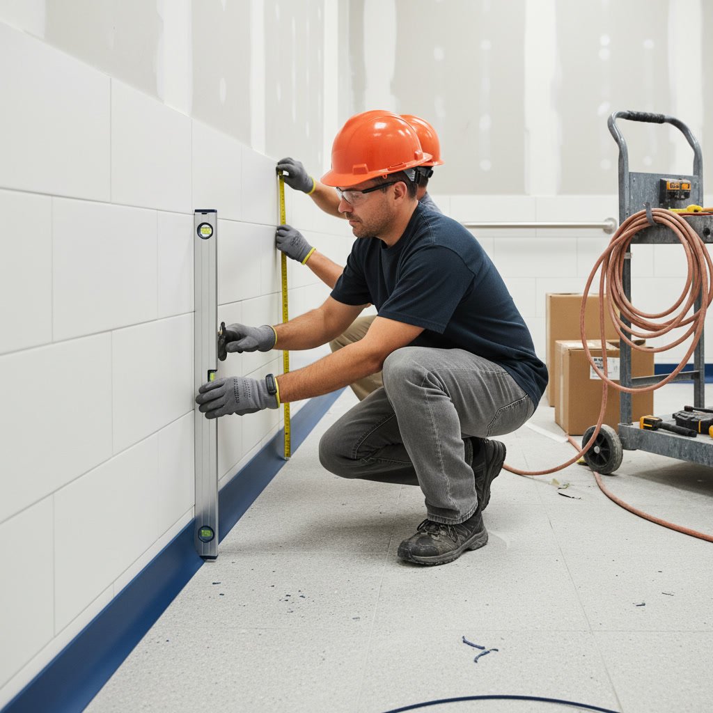 Finished epoxy cove base in hospital bathroom showing smooth seamless joint between floor and wall