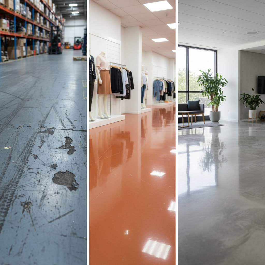 polished appearance of well-maintained epoxy floor in commercial lobby after ten years