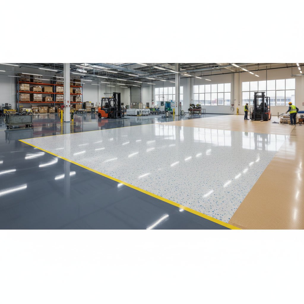 Industrial floor coating installation in large warehouse facility