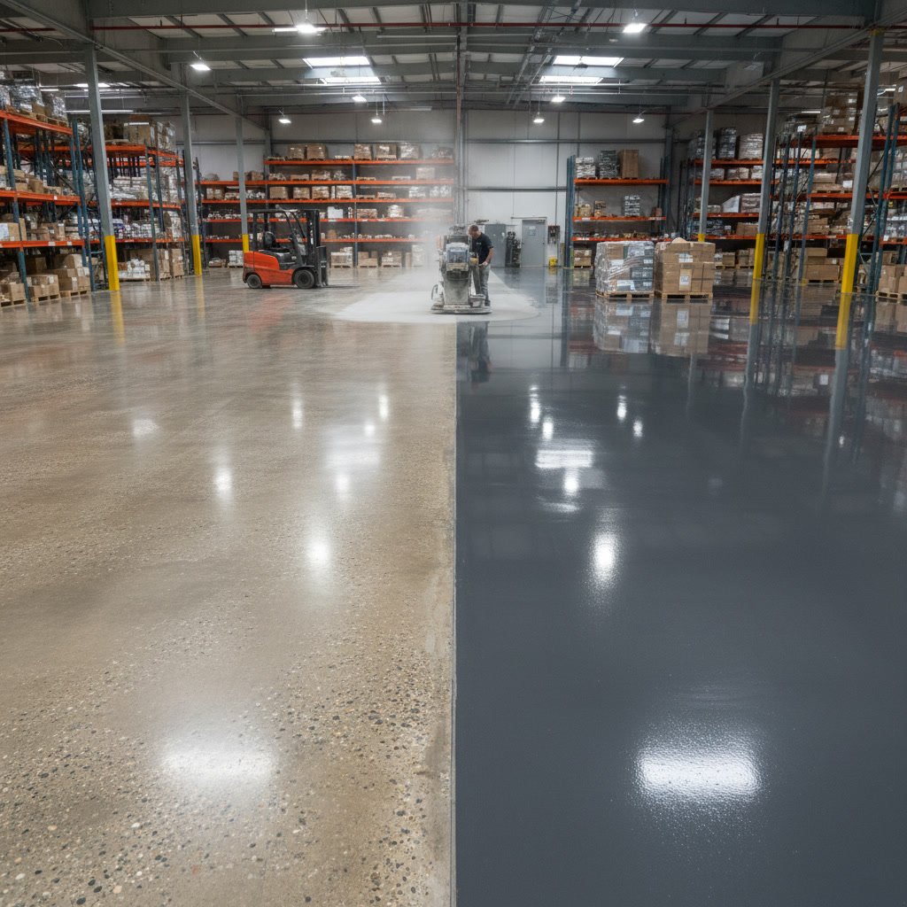 industrial warehouse floor with epoxy coating and grind seal comparison