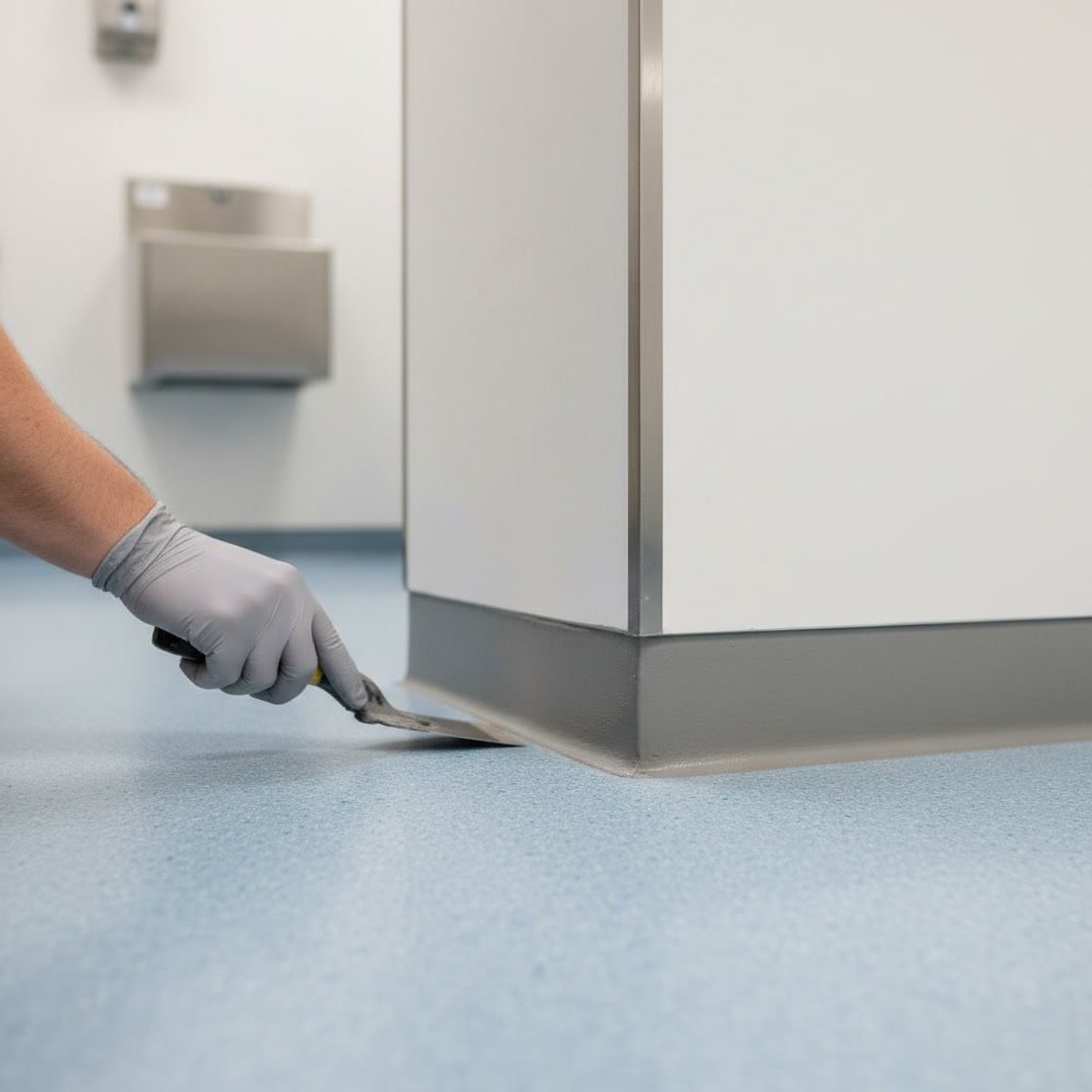 Commercial hospital restroom with professional epoxy cove base installation