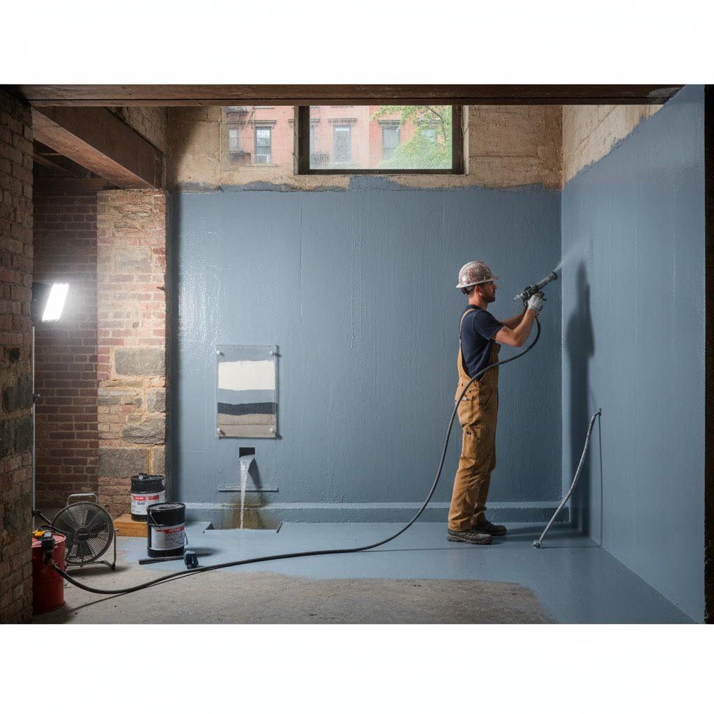 Manhattan basement with professional polyurea coating waterproofing application