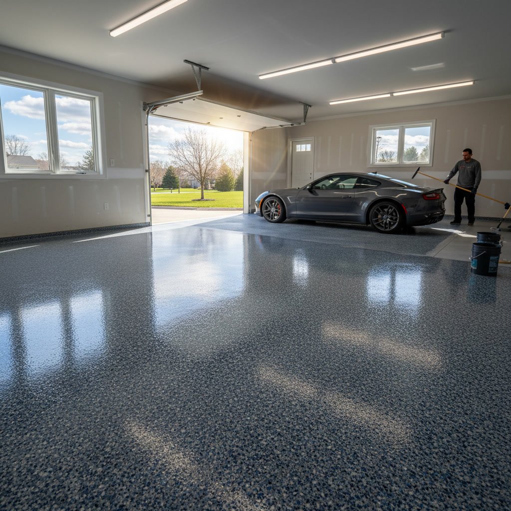 Professional polyaspartic floor coating installation on New Jersey residential garage