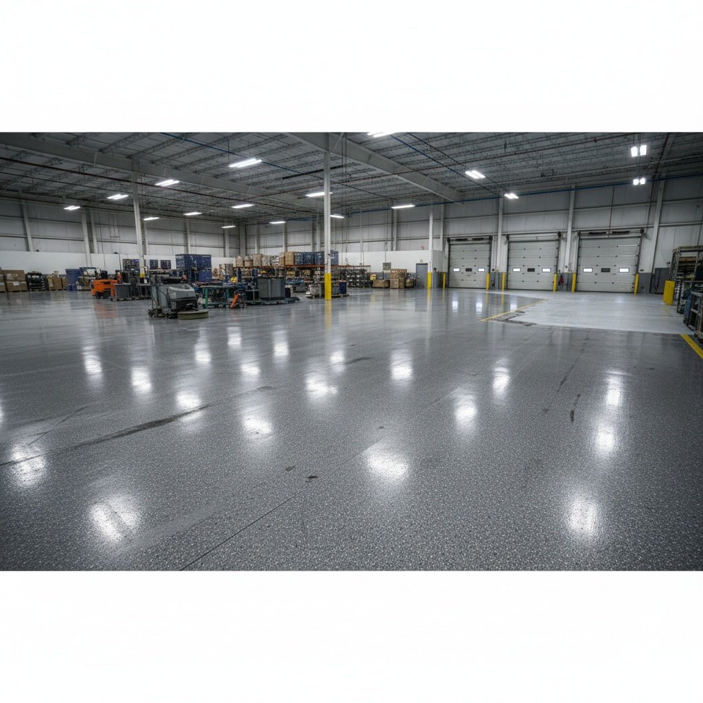 durable epoxy floor in large commercial warehouse with heavy equipment and excellent condition after years of