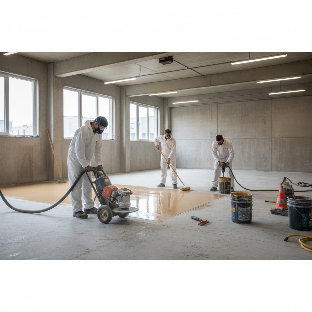 Professional epoxy flooring installation in progress showing substrate preparation and coating application