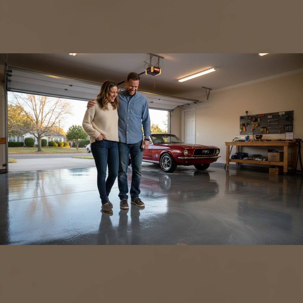 Glossy gray epoxy floor installation in commercial warehouse space