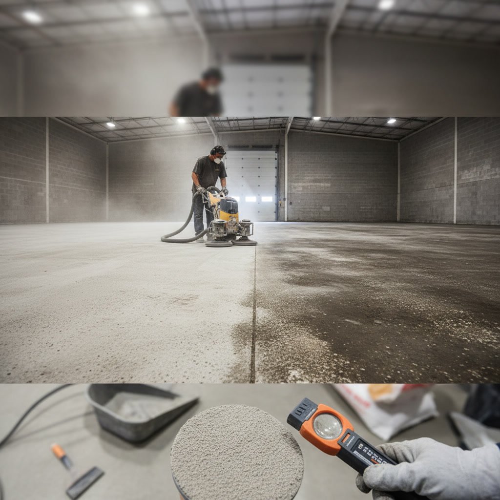 Concrete surface being diamond ground to create proper profile for epoxy flooring installation