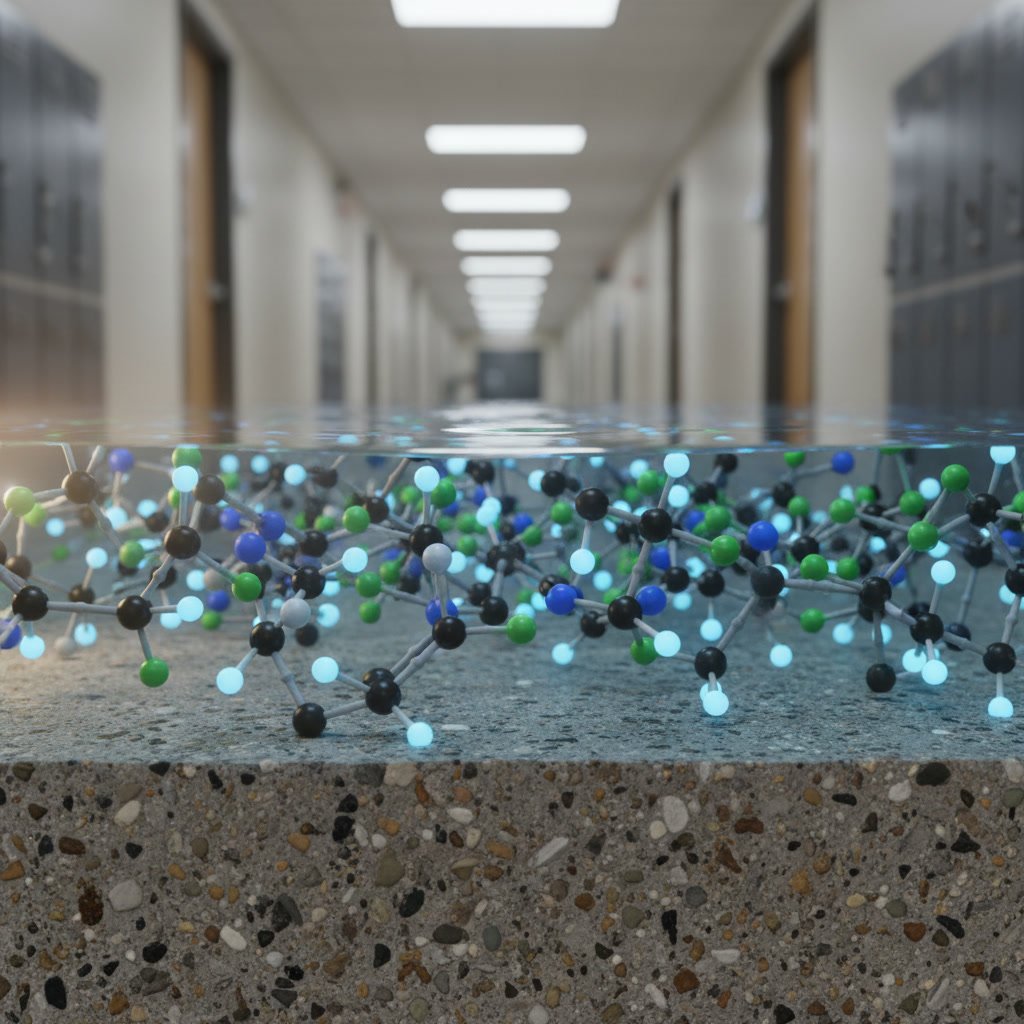 Epoxy flooring installation in school hallway showing smooth seamless surface