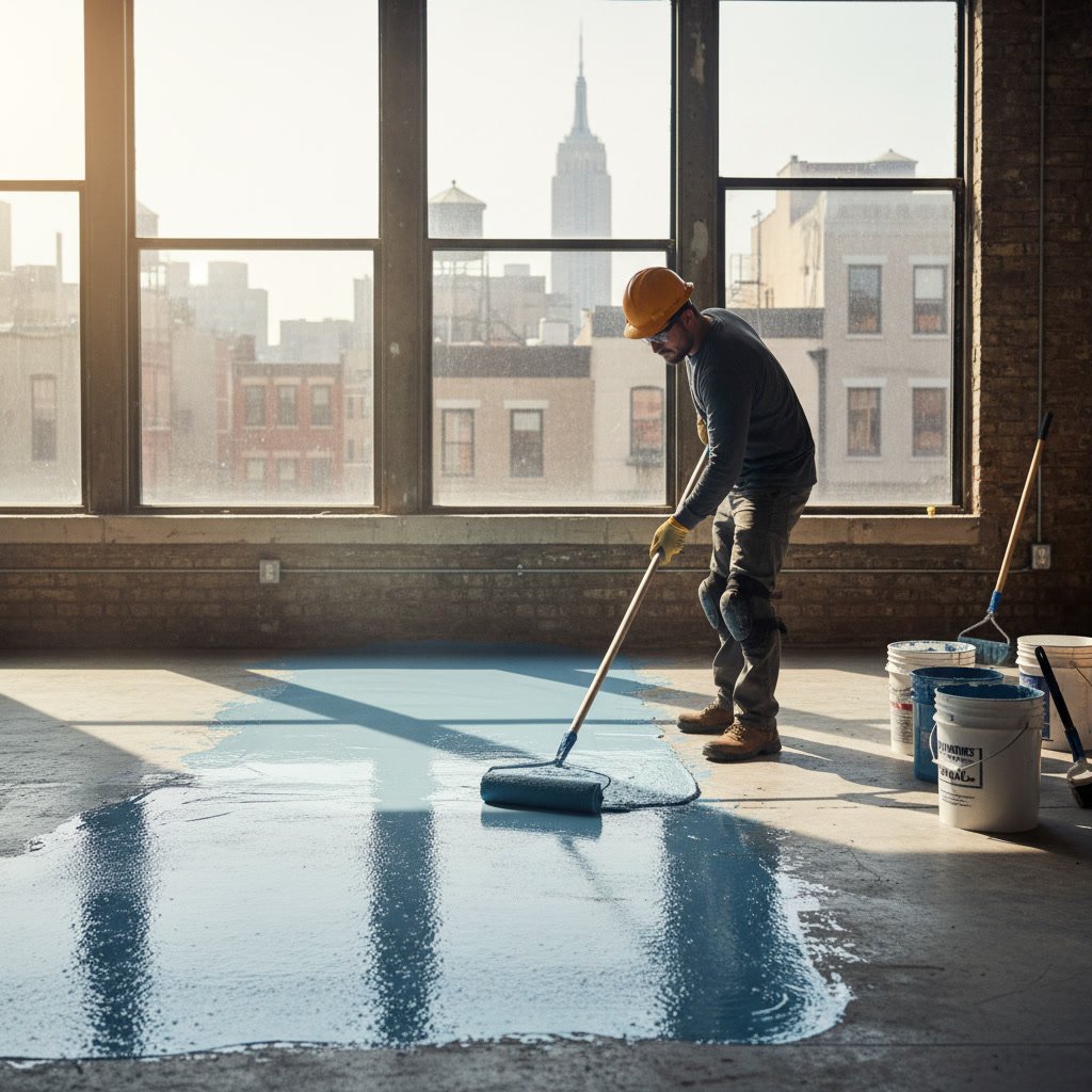 Epoxy primer being applied to prepared concrete floor with roller