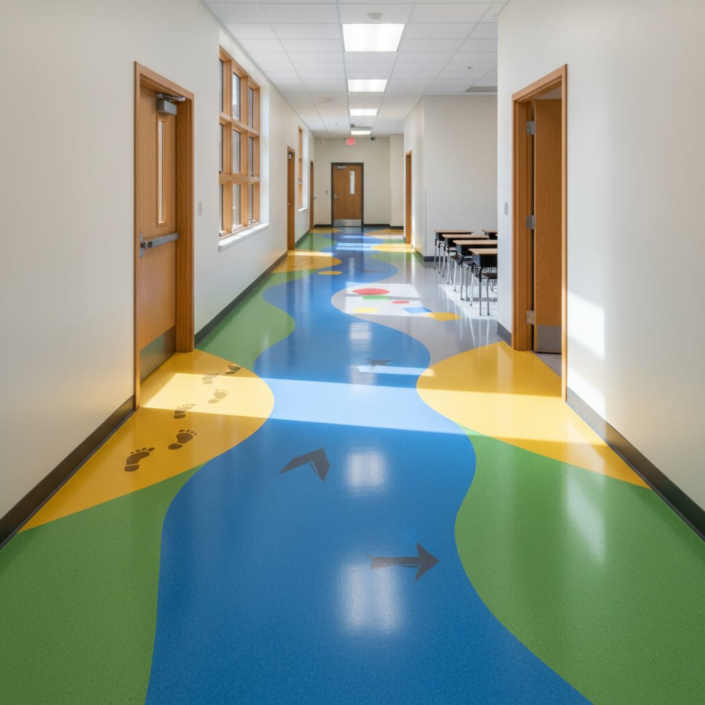 School classroom floor with colored epoxy coating showing durability