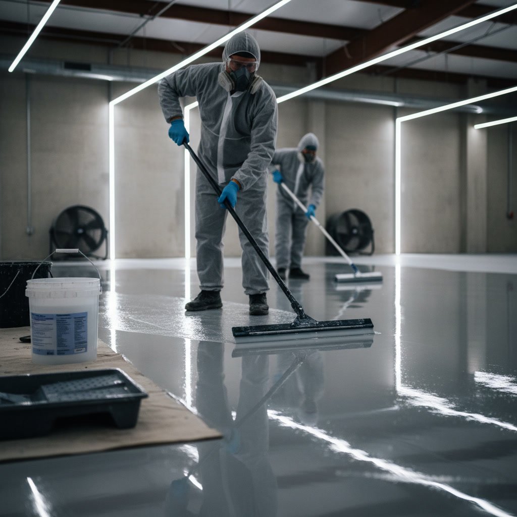 Clear urethane topcoat being applied over epoxy base coat on commercial floor