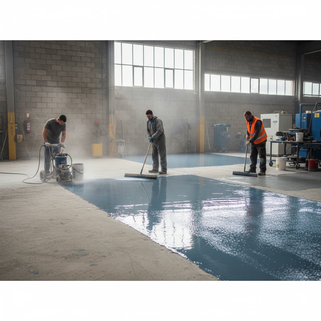 Professional team installing epoxy flooring system on prepared concrete surface