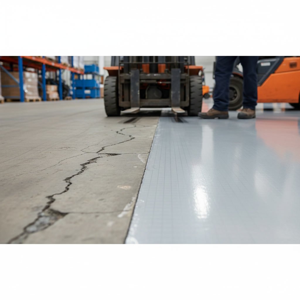 Commercial warehouse floor with durable epoxy coating preventing cracks from heavy traffic