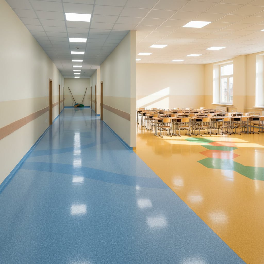 Modern school hallway with durable epoxy flooring system
