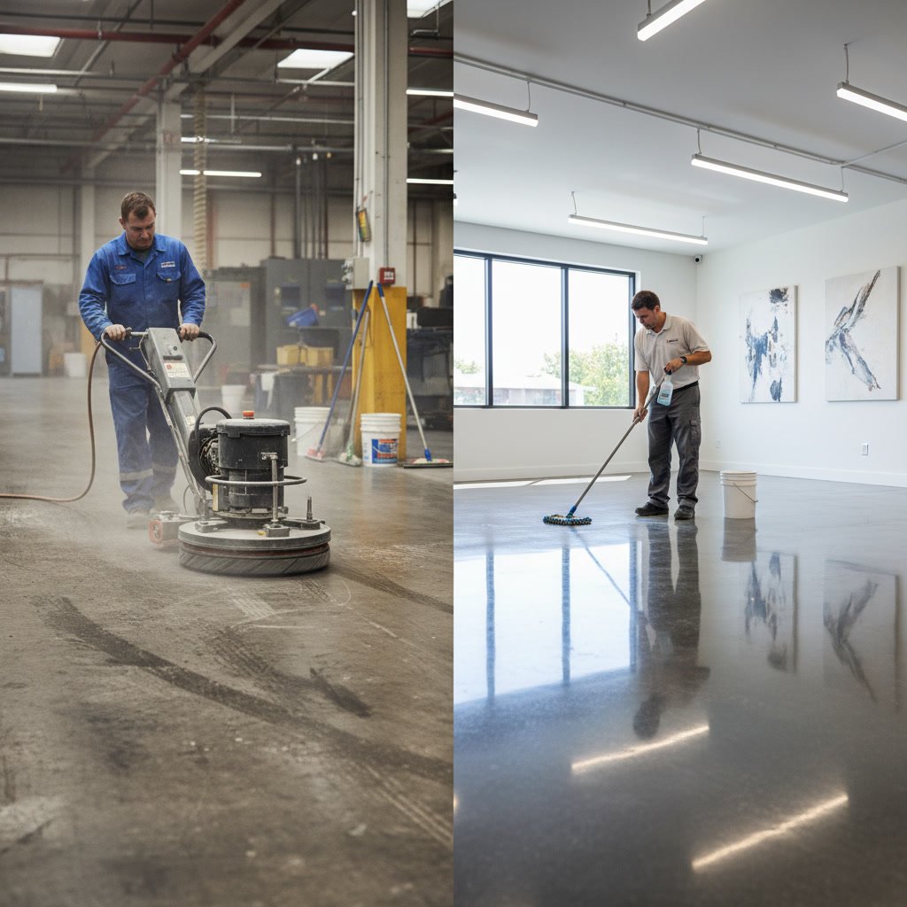 Comparison of grind and seal concrete surface versus polished concrete floor finish