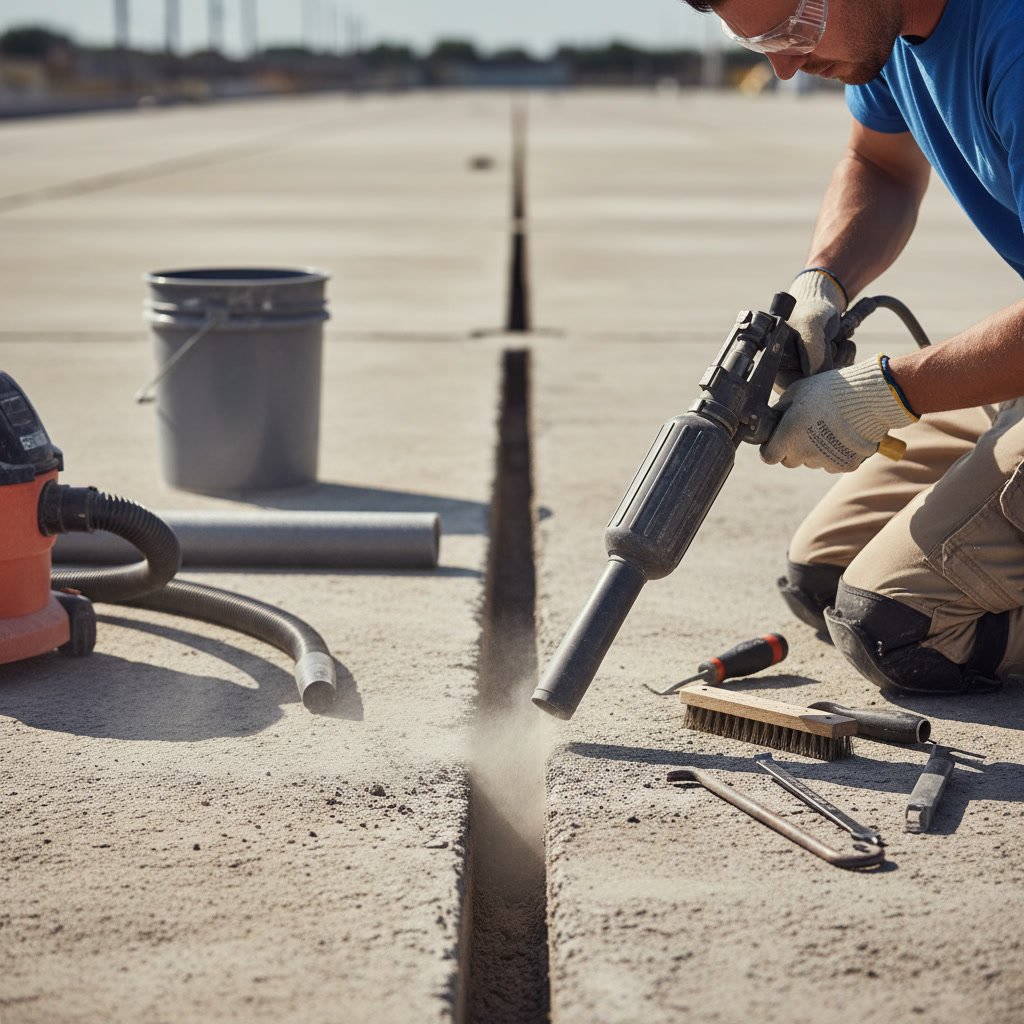 Commercial concrete floor joint being cleaned and prepared for expansion joint filling