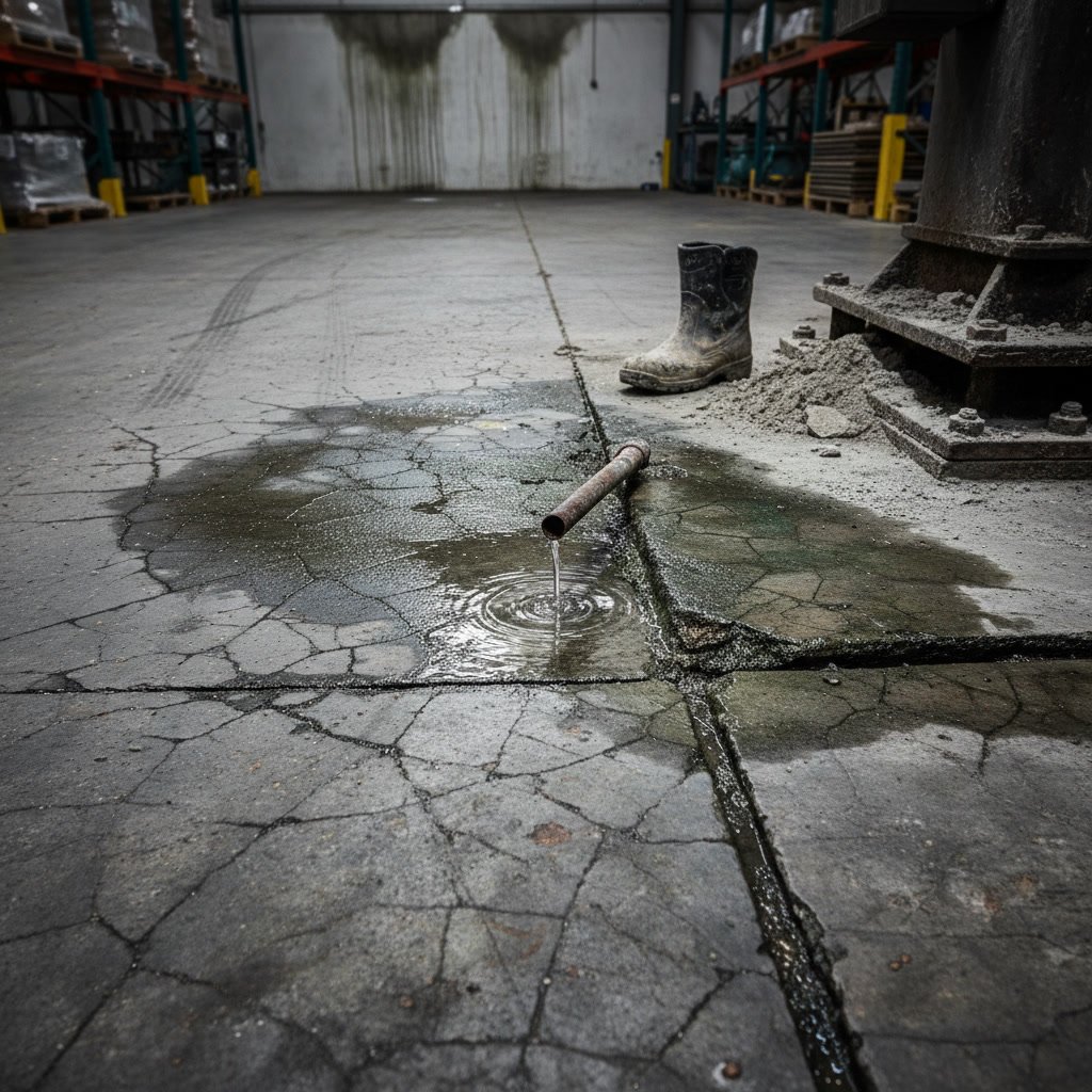Commercial concrete floor showing moisture damage and surface deterioration requiring waterproofing coating