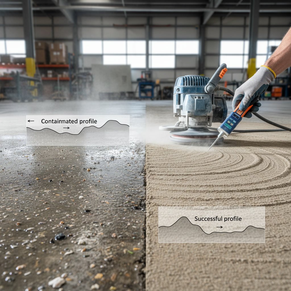 Close-up view of properly profiled concrete surface showing texture depth for coating adhesion