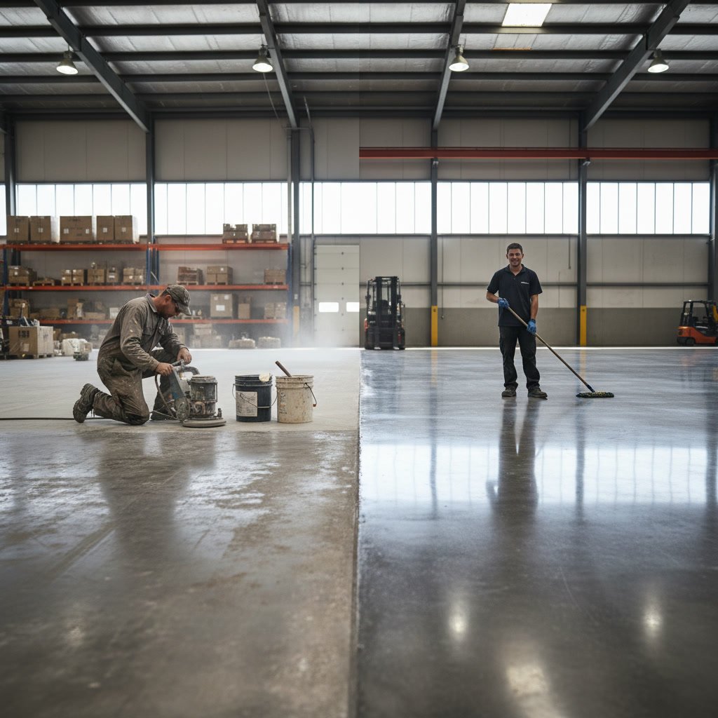 Industrial warehouse floor showing grind and seal concrete maintenance process
