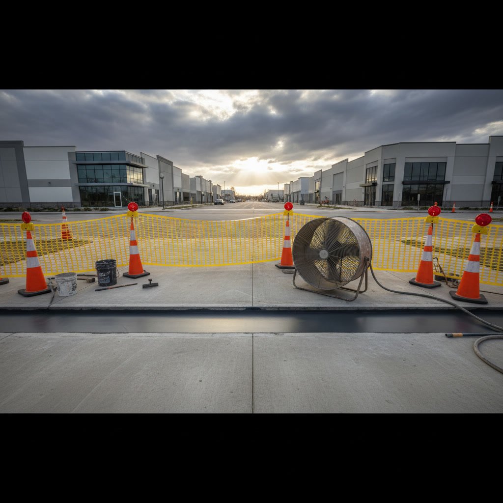 Freshly applied expansion joint filler curing in commercial warehouse floor