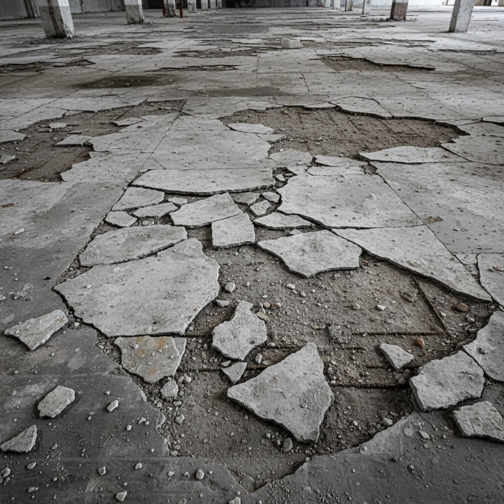 Concrete floor spalling and delamination from moisture damage in commercial facility