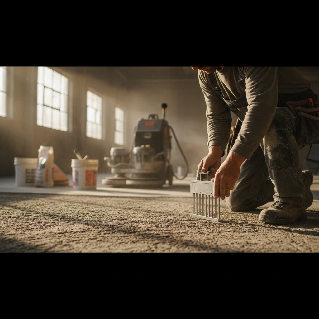 Shot blasting machine profiling industrial concrete floor for heavy-duty coating application