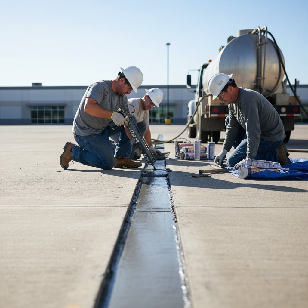 Well-maintained expansion joints in commercial concrete floor with proper filler material