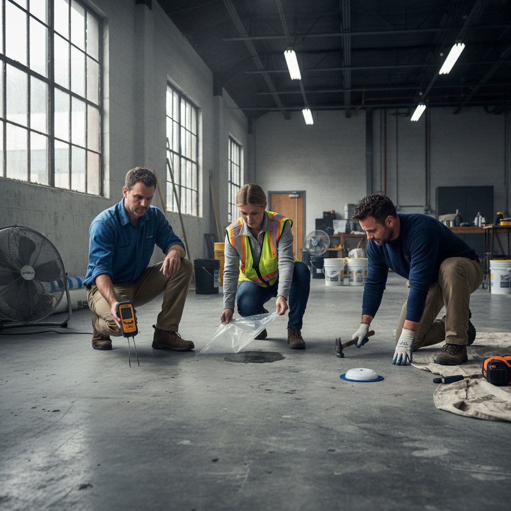 Moisture testing equipment on commercial concrete floor before waterproofing coating application