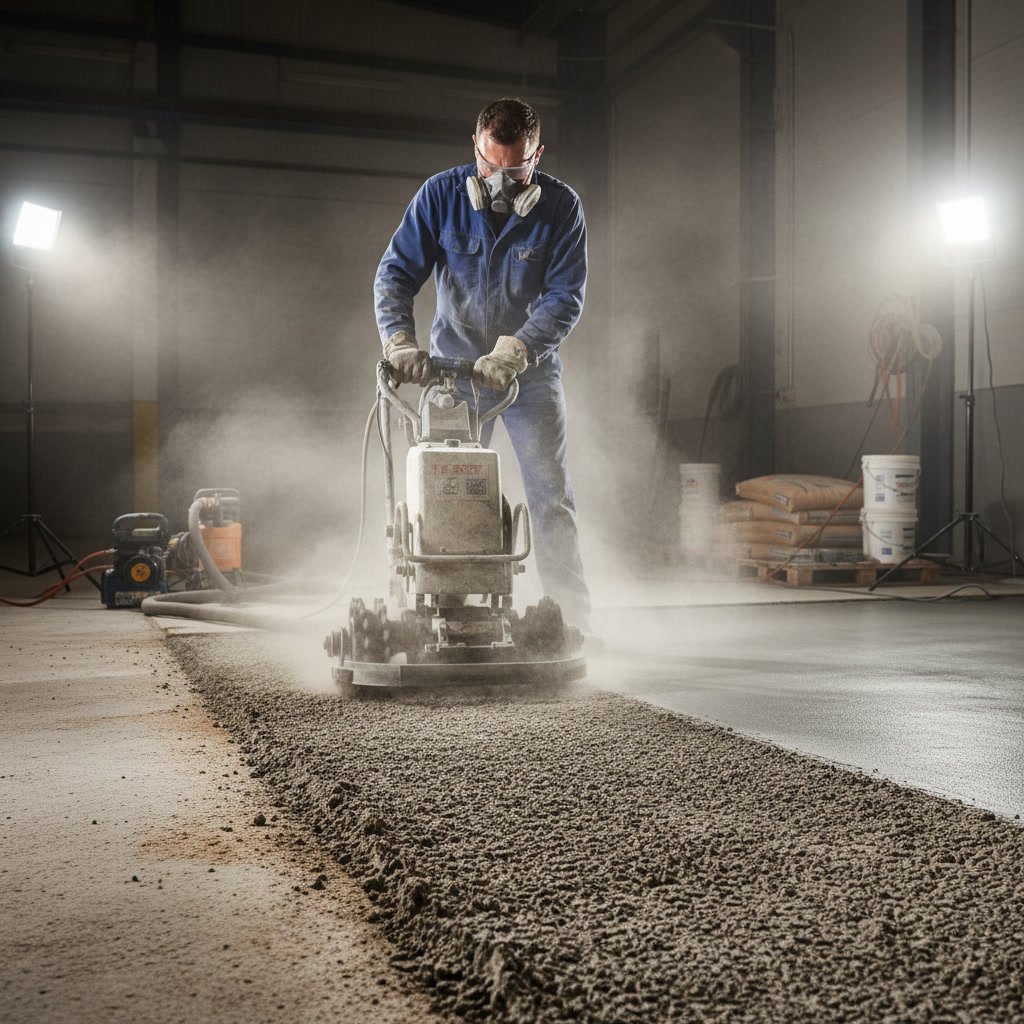 Professional concrete floor profiling equipment preparing industrial surface for epoxy coating application