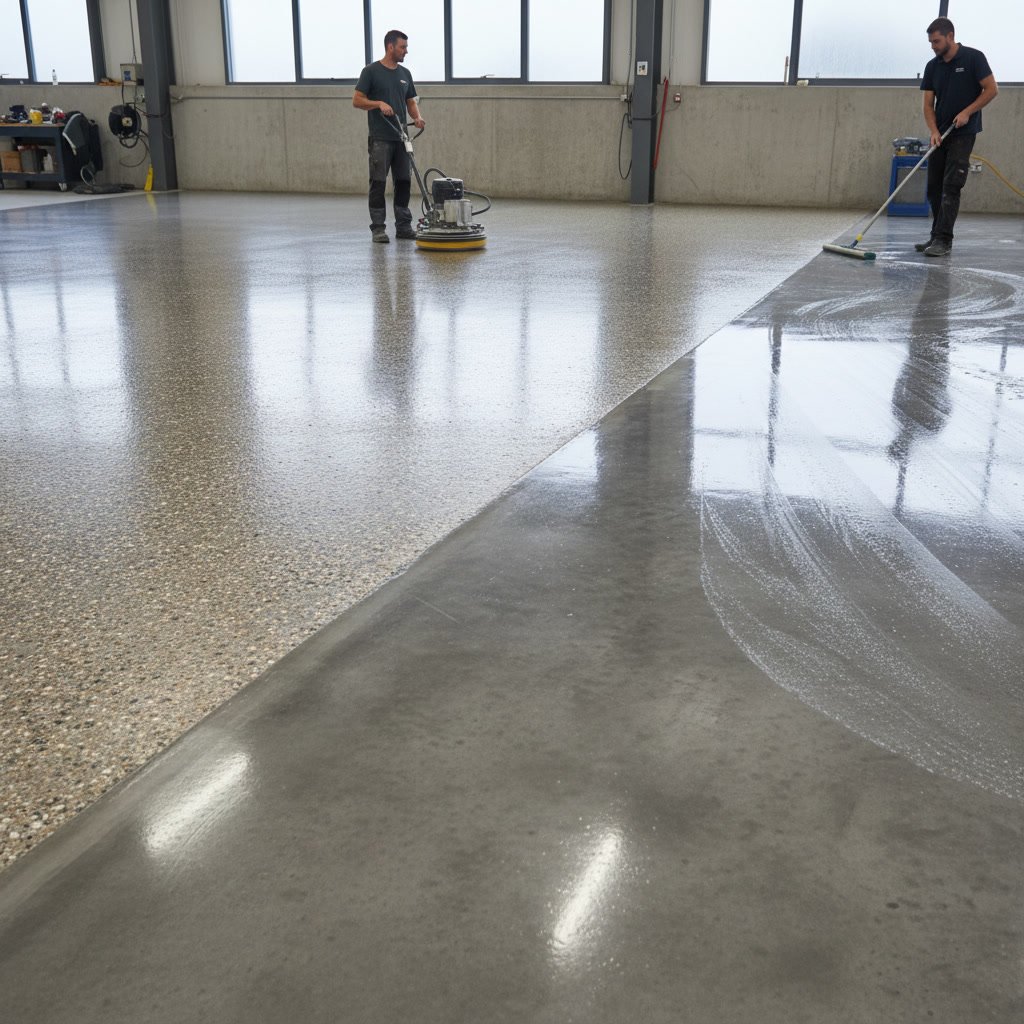 Professional comparing grind and seal concrete and polished concrete floor finishes for maintenance