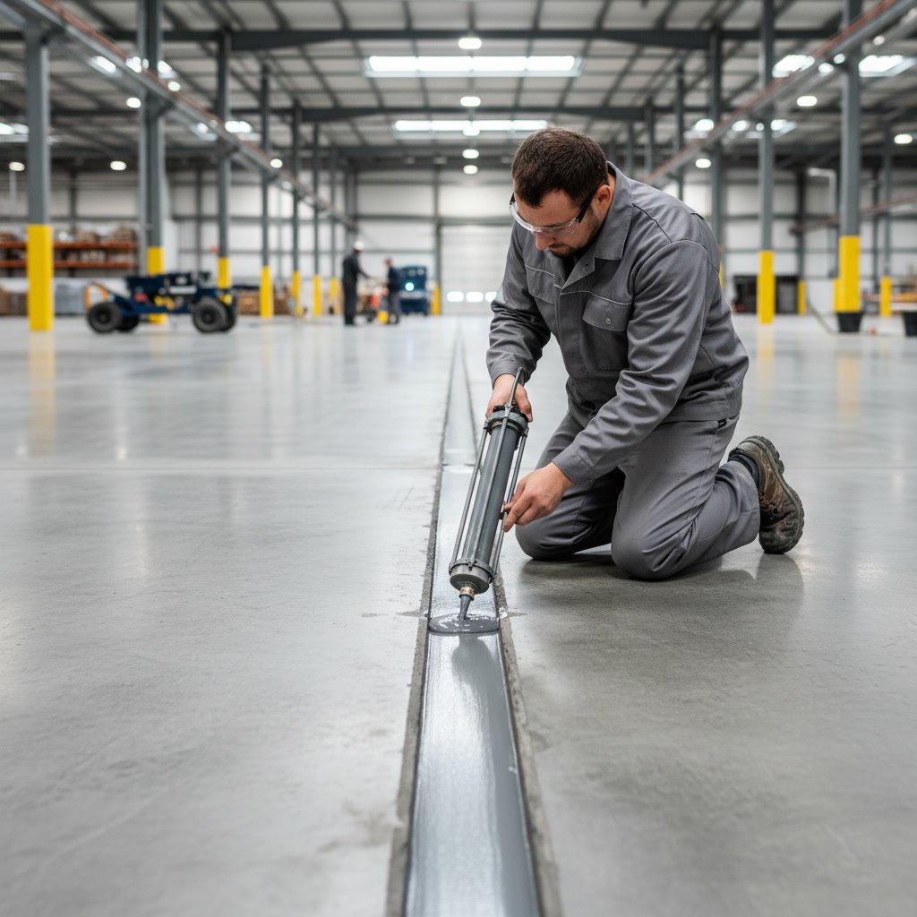 Professional contractor filling expansion joints in commercial concrete floor