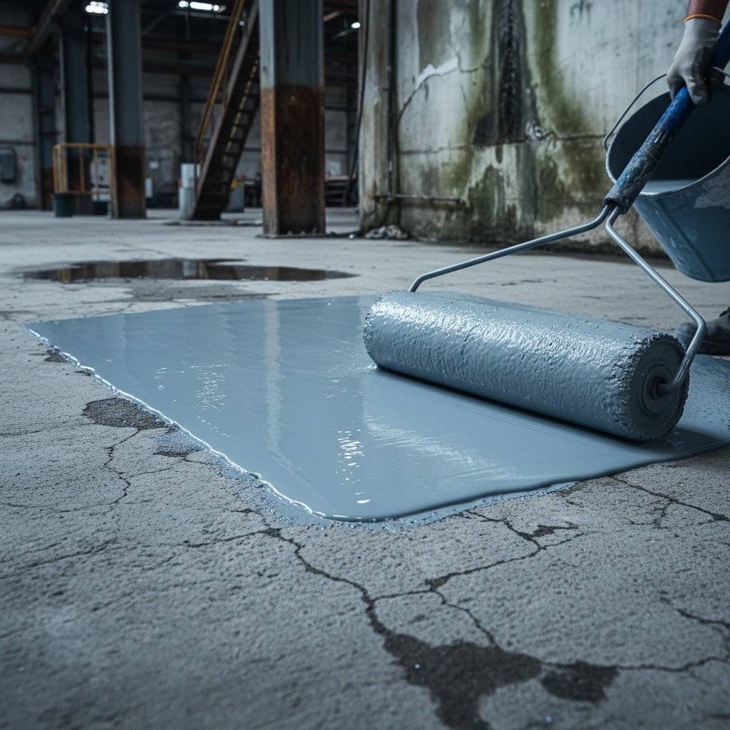 Commercial concrete floor requiring waterproofing coating to prevent moisture damage and structural deteriorat